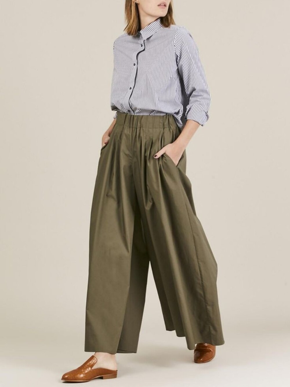 Fabiana Pigna Cotton Linen Wide Leg Pleated Army Green Pants Crop*